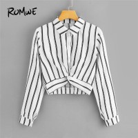 Long Sleeve Ladies Casual Crop Top Half Placket Twist Front Striped Blouse White